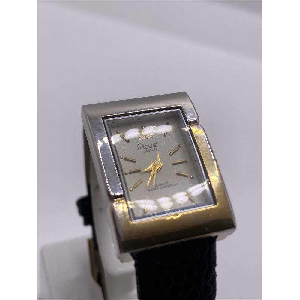 Acuet Japan Womens Silver Gold Tone Black Band Watch Works New Battery